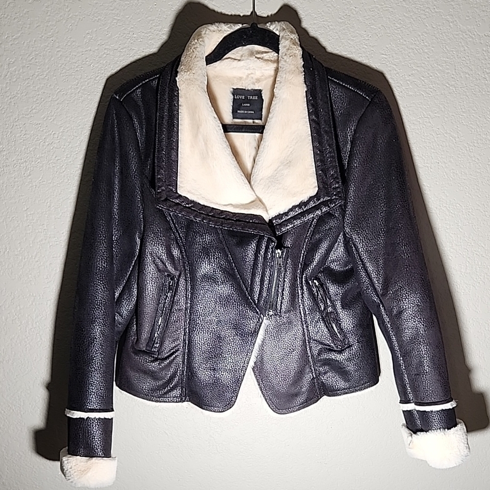 Love Tree Jacket Large Faux Leather Faux Fur Black Cream